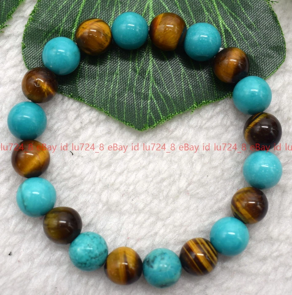 6-12mm Green Turquoise Yellow Tiger's Eye Round Gems Beads Elastic Bracelet 7.5" - Image 4 of 4