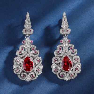 Big Pear Cut 6ct Lab-Created Red Ruby Dangle Drop Earrings 14K White Gold Plated