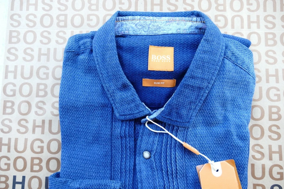 New Hugo BOSS mens blue knit cotton slim casual smart jeans suit shirt MEDIUM - Image 2 of 4