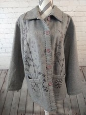 Euc Women's Vintage Ivy Gray Wool Button Front Embroidered Shirt Jacket - Large