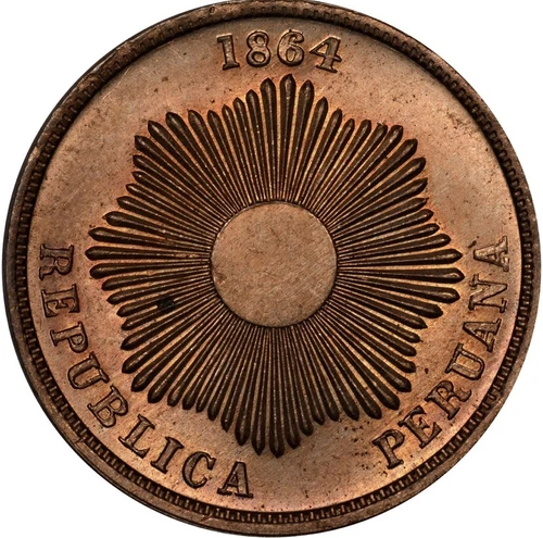 1864 Peru 2 Centavos 2C NGC MS64 RB Scarce This Nice Bronze