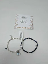 Alex & Ani Evil Eye Charm Beaded Stretch Bracelets, Women's Size 6"-7.5" -Silver
