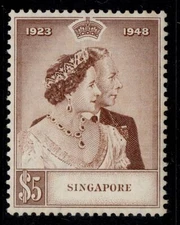 SINGAPORE GVI SG32, $5 brown, NH MINT. Cat £100.