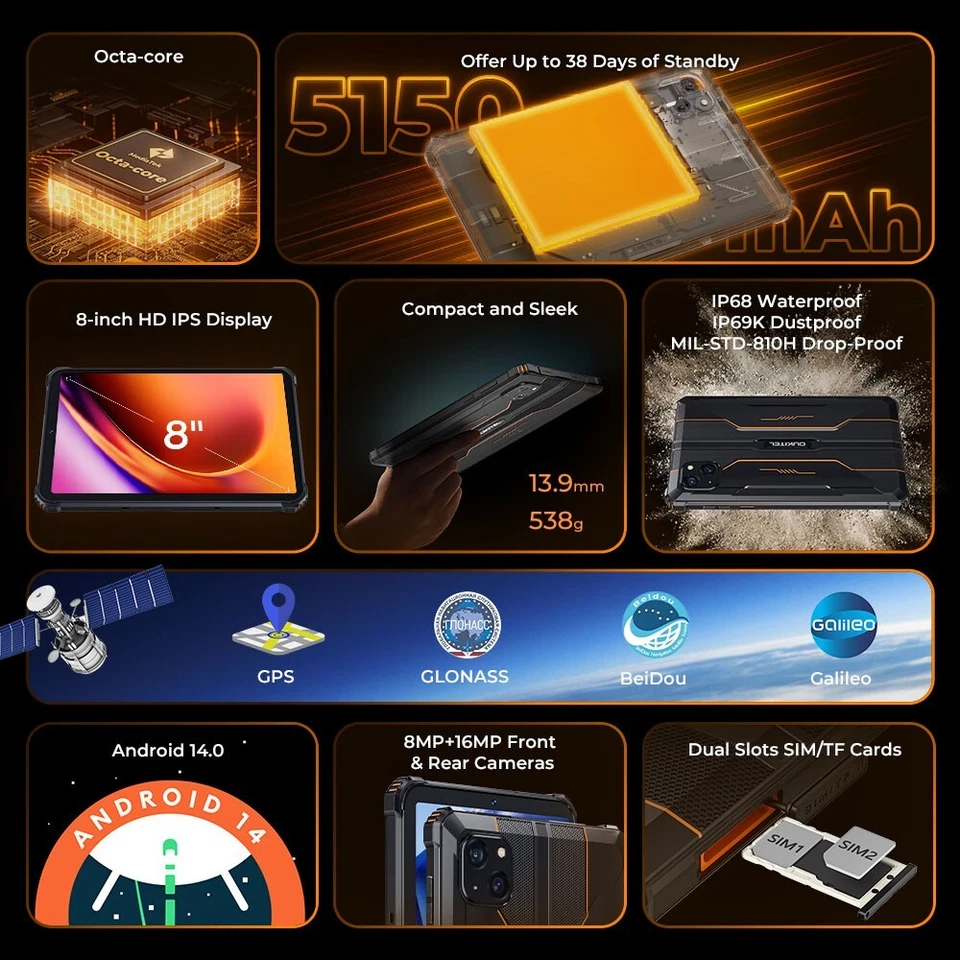 8" Oukitel RT3 Pro Ultradünn Mini Robustes Tablets 16GB+128GB Android 14 5150mAh - Bild 3 von 4