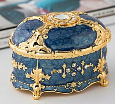 BLUE METAL OVAL SHAPE TIN ALLOY WIND UP MUSIC BOX ( 100 SONGS AVAILABLE )