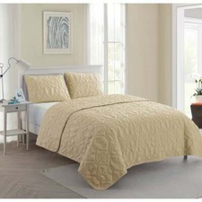 Beige Khaki Beach Coastal Seashells 3 pc Quilt Set Coverlet Queen King Bedding