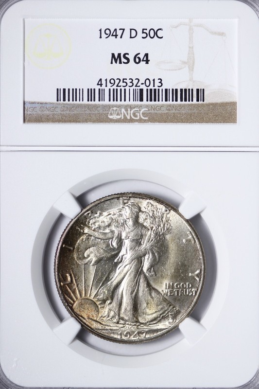 BU 1947-D Walking Liberty Half Dollar NGC MS64 Better Date, Toned KULM