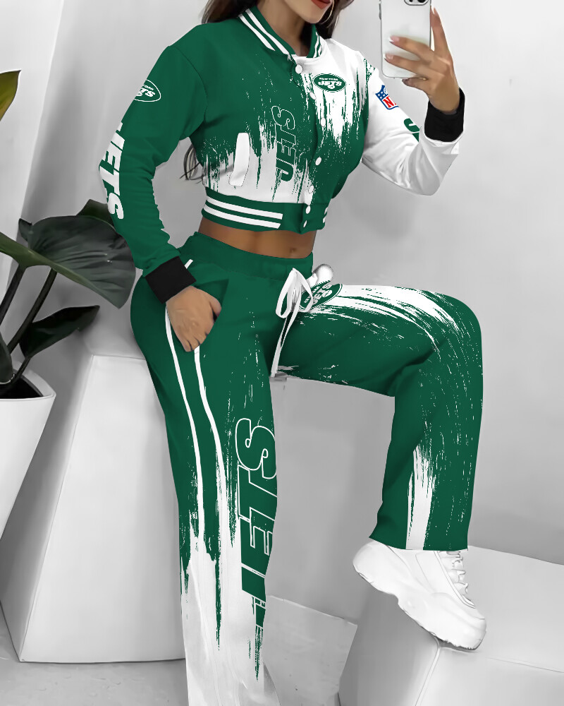 New York Jets Women's 2PCS Tracksuits Cropped Varsity Jacket Loose