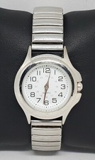 Ladies Silver Tone Stretchy Bracelet White Dial Easy Reader Analog Watch B2