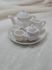 Miniature Tea Set 6 piece Teapot Cups Platter White porcelain doll house Diorama