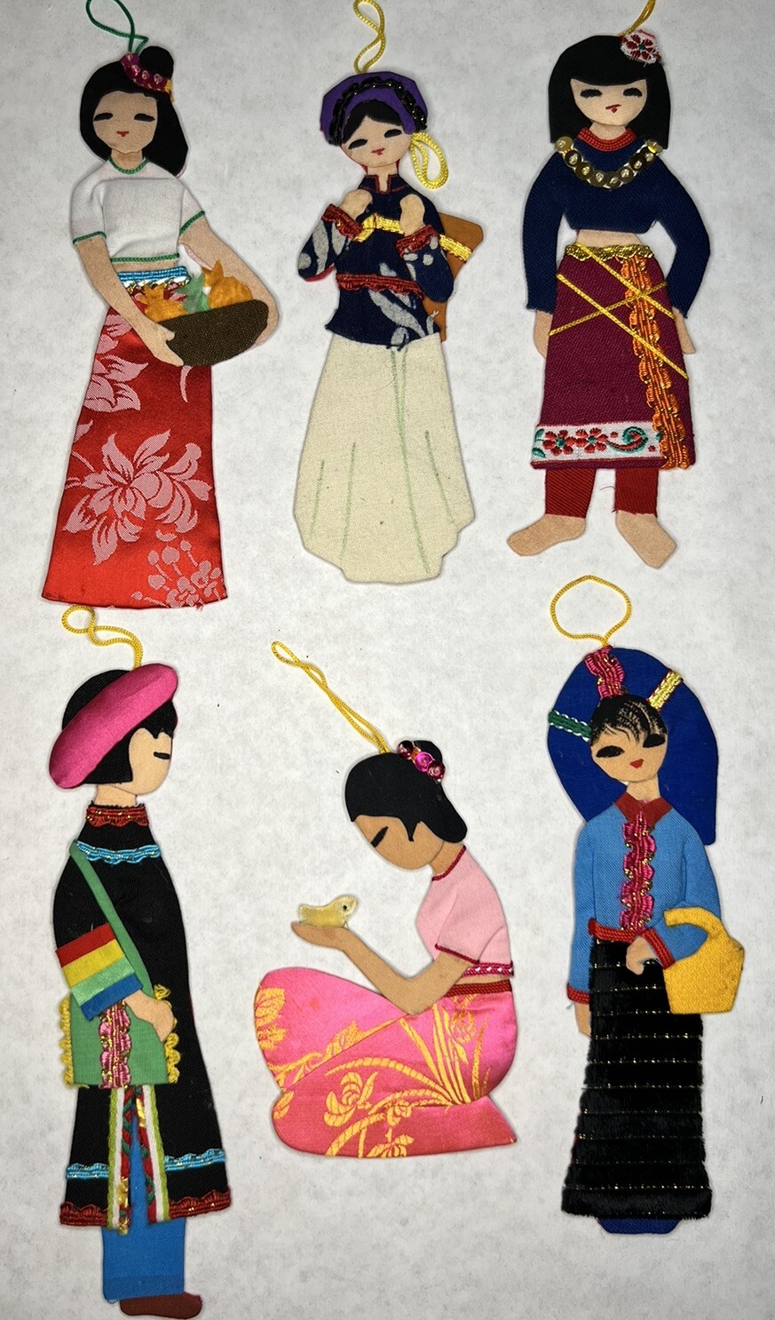 Vintage Set Of Six Handmade China Dolls Silk Flat Cloth Craft Ornaments￼