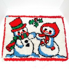 Christmas Snowman  Snowlady Vintage Finished Latch Hook Rug Wall Art 26x19 MCM