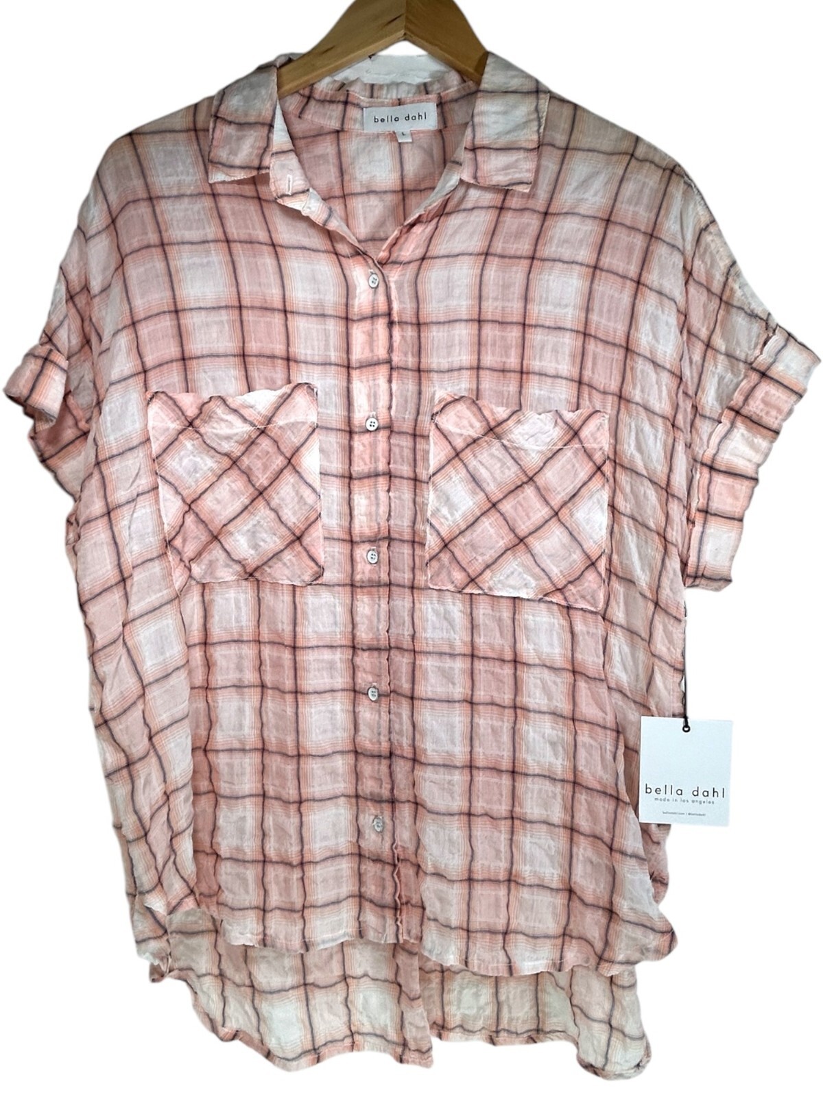 BELLA DAHL Rolled Short Sleeve Button Up Shirt Sz L Pink Plaid Cotton Tencel Top