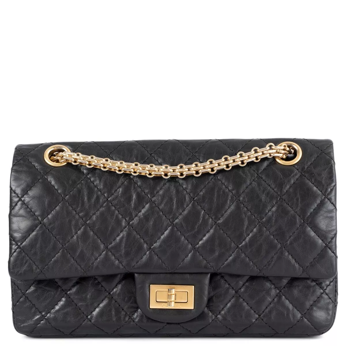 68347 auth CHANEL black aged leather 2.55 REISSUE 225 Medium