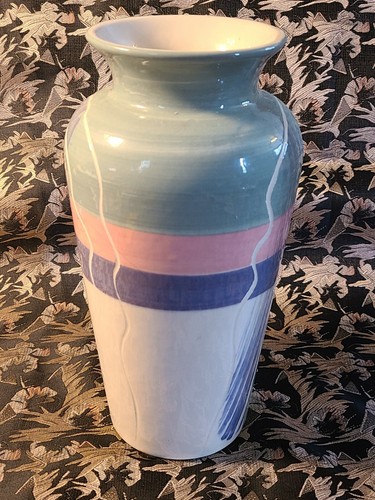 Beautiful Ceramic Vase #6310 USA Pastel Green Pink Purple / White 80s Colors 10" - Picture 2 of 6