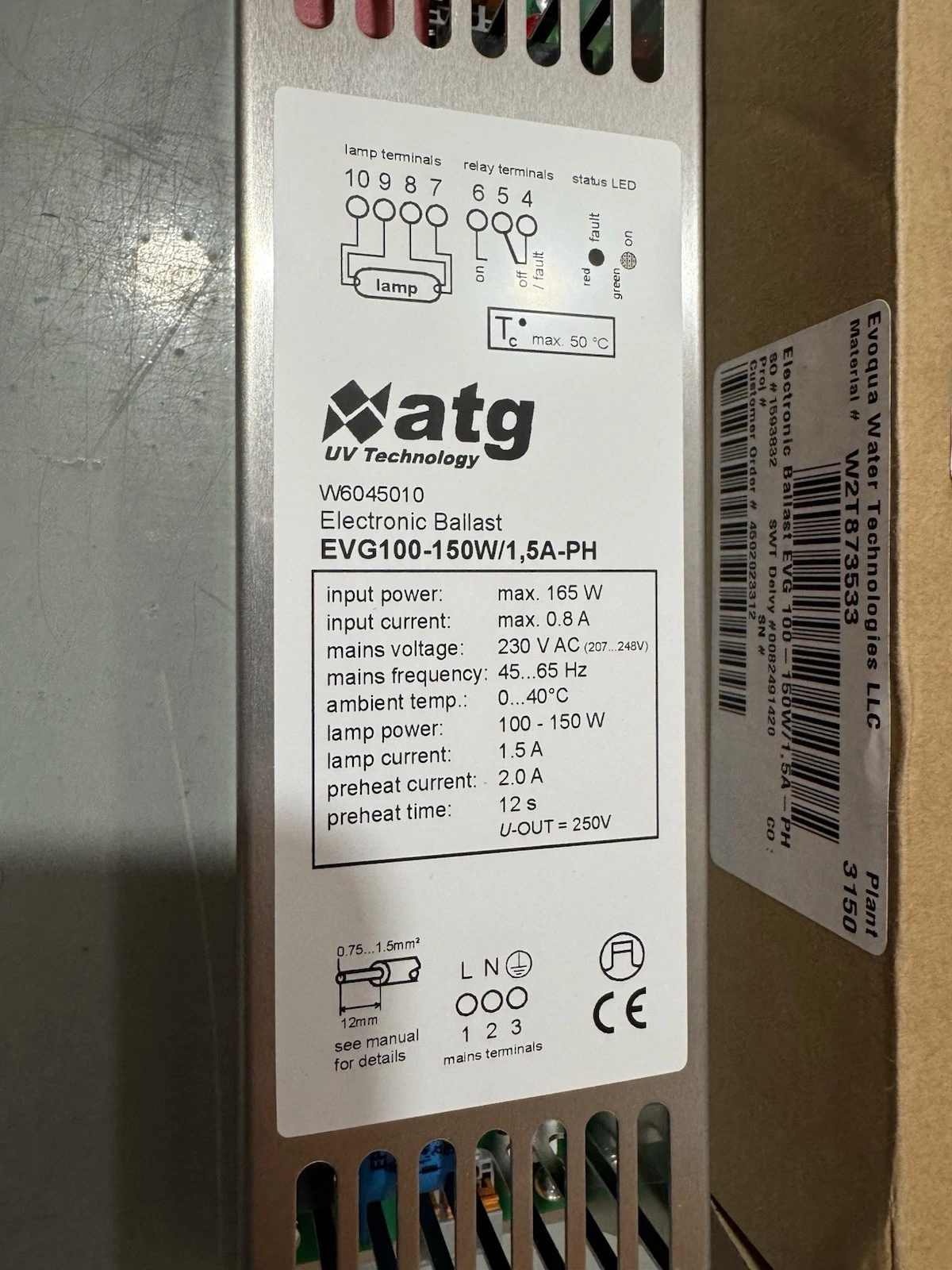ATG Electronic Ballast EVG100-150W/1.5A-PH W6045010 Evoqua Brand New 2
