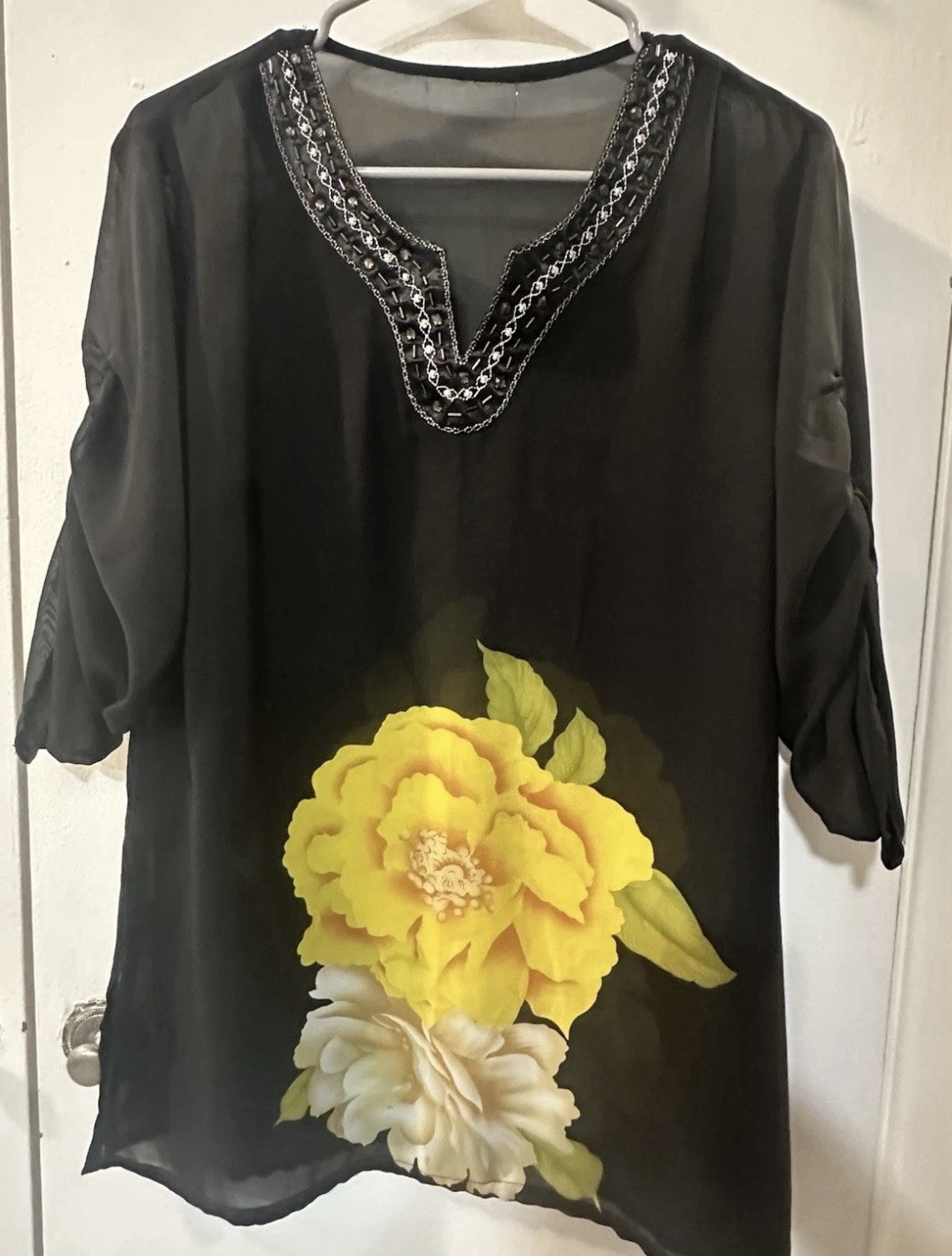 Black Sheer Chiffon Tunic Blouse 3/4 Sleeve V-Neck Beaded Floral Women's