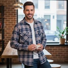 Sears Shirt Jacket Vtg Blue Plaid Quilted Insulated Lining Perma Prest USA Sz L