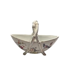 Ancien petit panier bibelot porcelaine asiatique Japon avec manche oiseau floral