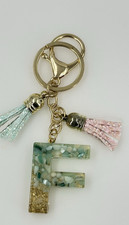 Letter Initial F Resin Gold Glitter MOP Pastel Tassels Keychain Keyring Fob