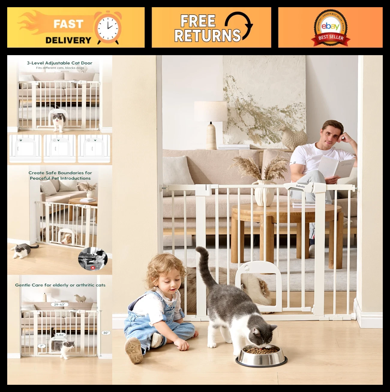 Adjustable Baby Gate with Cat Door, 29-43" Auto Close Pet Barrier for Stairs & D