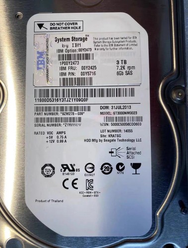 00MJ127 00Y2425 00Y2473 IBM 3TB SAS 3.5" LFF 6G 7.2K RPM V3500 V3700 STORAGE HDD - Picture 3 of 5