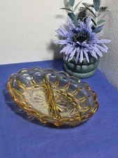 Vintage Anchor Hocking Fairfield Amber Glass Divided Oval Dish Scalloped Rim 7"