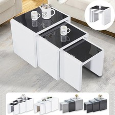 High Gloss  Nest of 3 Tables Tempered Glass Top White Grey Side End Coffee Home