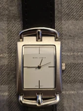 Michel Germain Mens Silver Tone Quartz Watch Black Rectangular New Battery