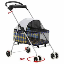 4 Wheels Pet Stroller Folding Cat Dog Cage Stroller Travel Carrier W/Cup Holder