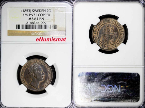 Sweden Pattern Copper (c.1853) 2 Ore NGC MS62 BN 150 Rd RARE TOP GRADED KM# Pn71