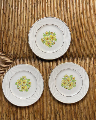 Vintage Set of 3 Staffordshire Summertime Bread & Butter Plates! Yellow Daisies