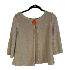 Beige exposed hem silk & linen blend boho cardigan with orange button