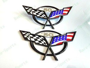 Chrome Cross Flags Emblem Set 2-Piece Chrome 50th Anniversary Cross Flags Emblems For 1997-2004 C5 Corvette (Front & Rear) C5 Corvette 50th Anniversary Emblems - Foto 5