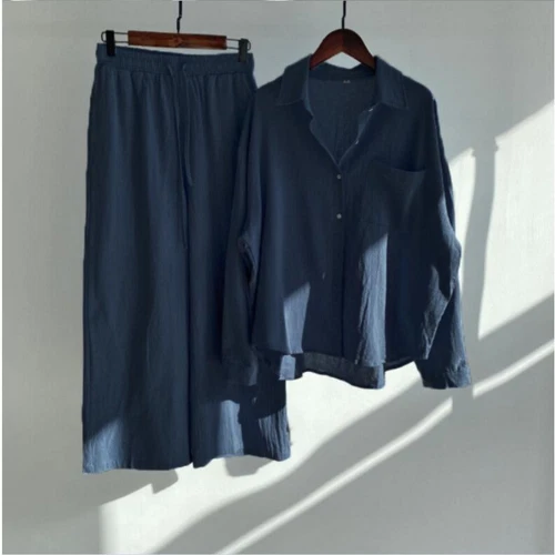 Women Lady Summer Solid Color Cotton Linen Suit Lapel Long Sleeve Top Leg Pants - Bild 18 von 42