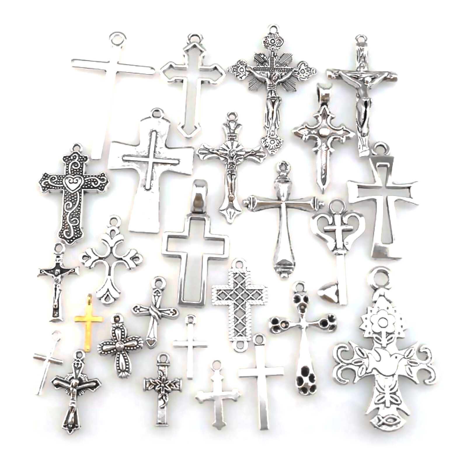 25-Piece Vintage Silver Alloy Cross Pendant Charm Necklace Religious Faith Jewelry Mix