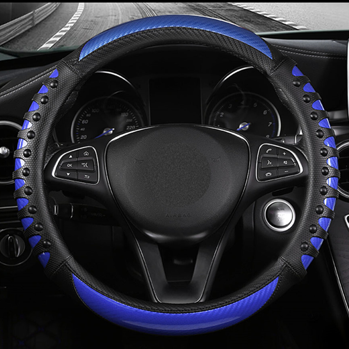 15in Non-Slip Leather Steering Wheel Cover in Black or Blue