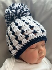 Brand New hand made crochet baby hat ,white and navy, pom pom Early Baby