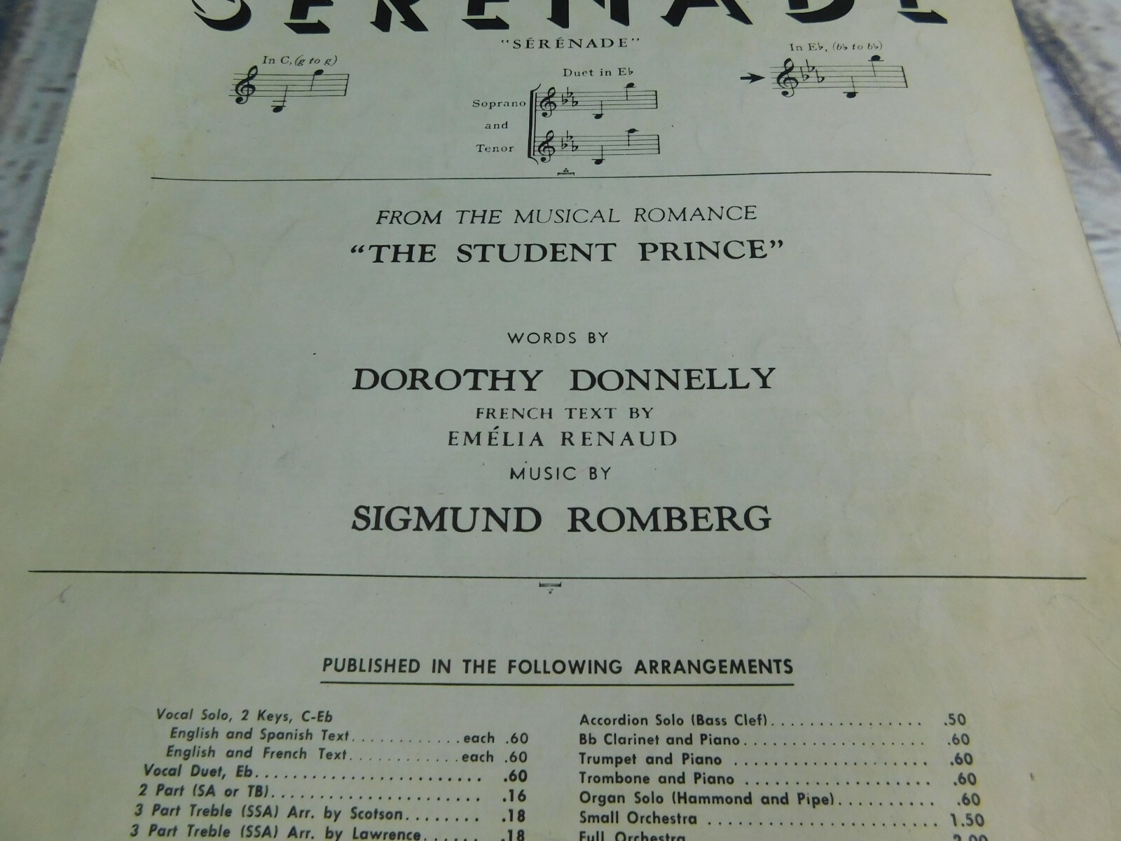 Vtg English & French Serenade Student Prince 1950 Sheet Music Dorothy