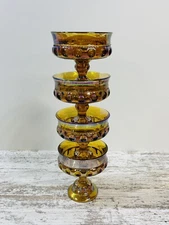 4 VINTAGE INDIANA CARNIVAL GLASS COMPOTE KINGS CROWN THUMBPRINT MARIGOLD AMBER