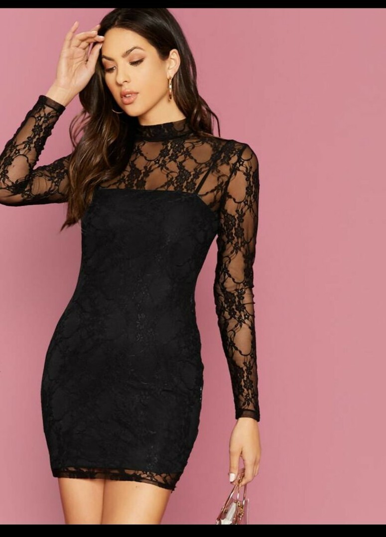 Evening Dress Black Dress With Sheer Top Shein Black Lace Bodycon Dress  With Black Slip Dress XS UK