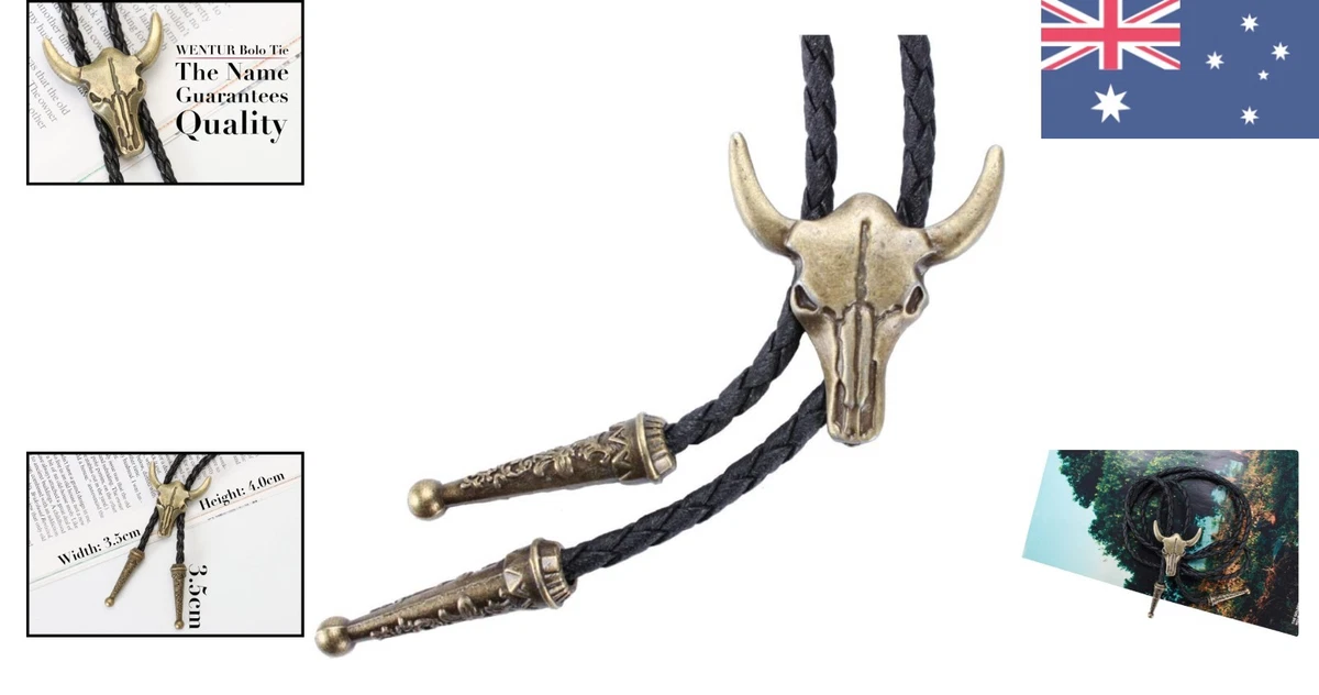 Western Vintage Bolo Tie for Men - Cow Skull Design Cowboy Tie - Black Leather B