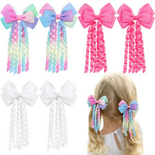 6PCS Hair Bows for Girls,Curly Hairs Bows Clip Ribbon Barrettes Alligator Clips