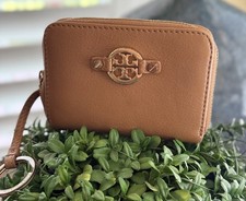 Tory Burch Tan Brown Pebbled Leather Zip Around Wallet Keychain Gold logo
