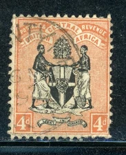 BRITISH CENTRAL AFRICA 34 SG34 Used 1896 4p org Coat of Arms Wmk Crown CA CV$21