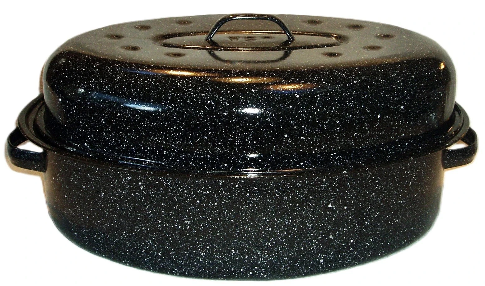 BLACK SPECKLED ENAMELWARE OVAL ROASTER / ROASTING POT w/LID 14" x 10", USA