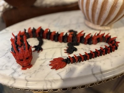 26  Long 3-D printed articulating dragon Chinese New Year Red Black Horns