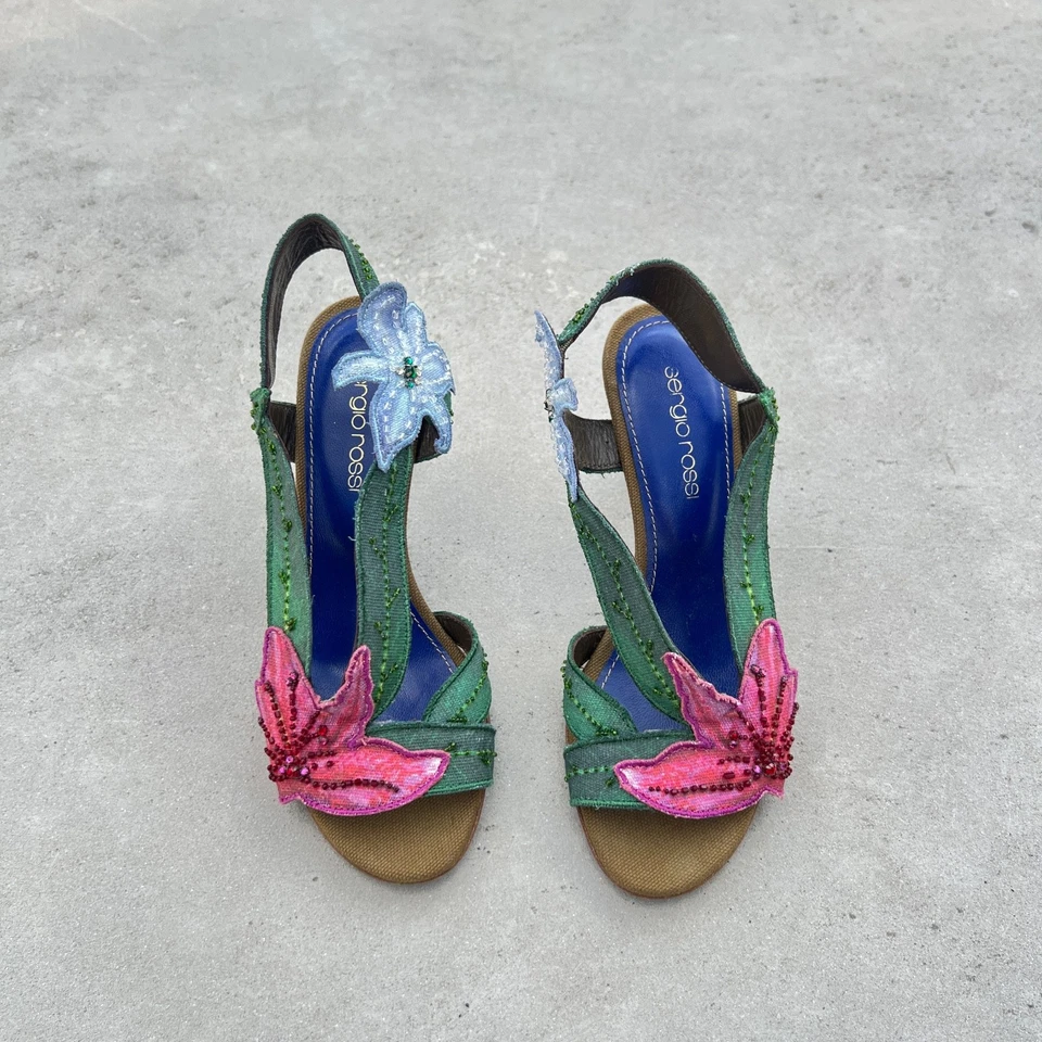 Sergio Rossi | Flower Lily Beaded Sandal Heels Pink Green Blue Canvas(34) - Image 2 of 4