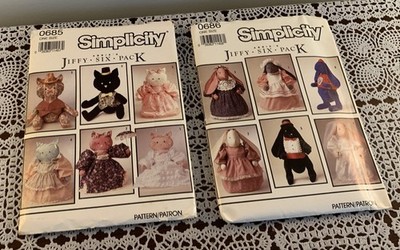 Two Simplicity Patterns Abbies Jiffy Six Pack Stuffed Cat Rabbit Toys New Uncut