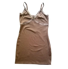 H&M Divided Brown Ribbed Mini Slip Dress Women M Lace Trim Adjustable Straps